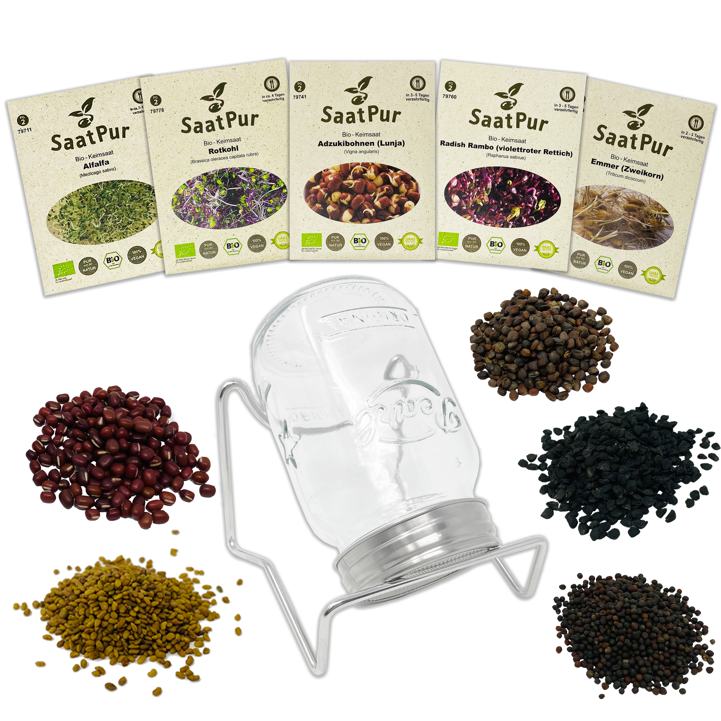 Bio Keimsprossen Geschenk-Set Nr. 7 mit Keimsprossenglas 500ml und 5 Saattüten Keimsaat, hohe Keimkr