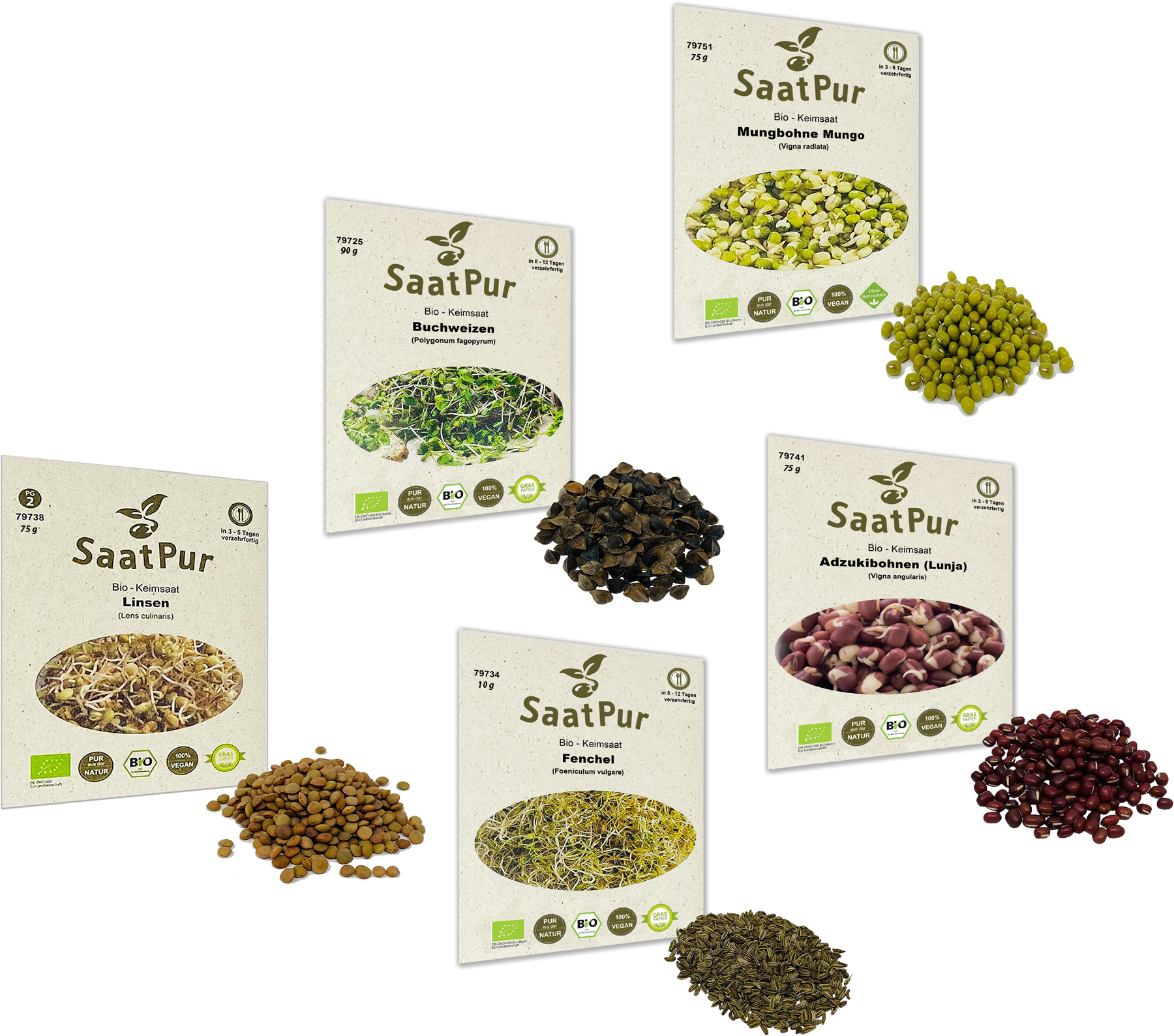 Anti Stress Mix Bio-Keimsprossen Set -Mungo Adzukibohne Linsen Fenchel Buchweizen