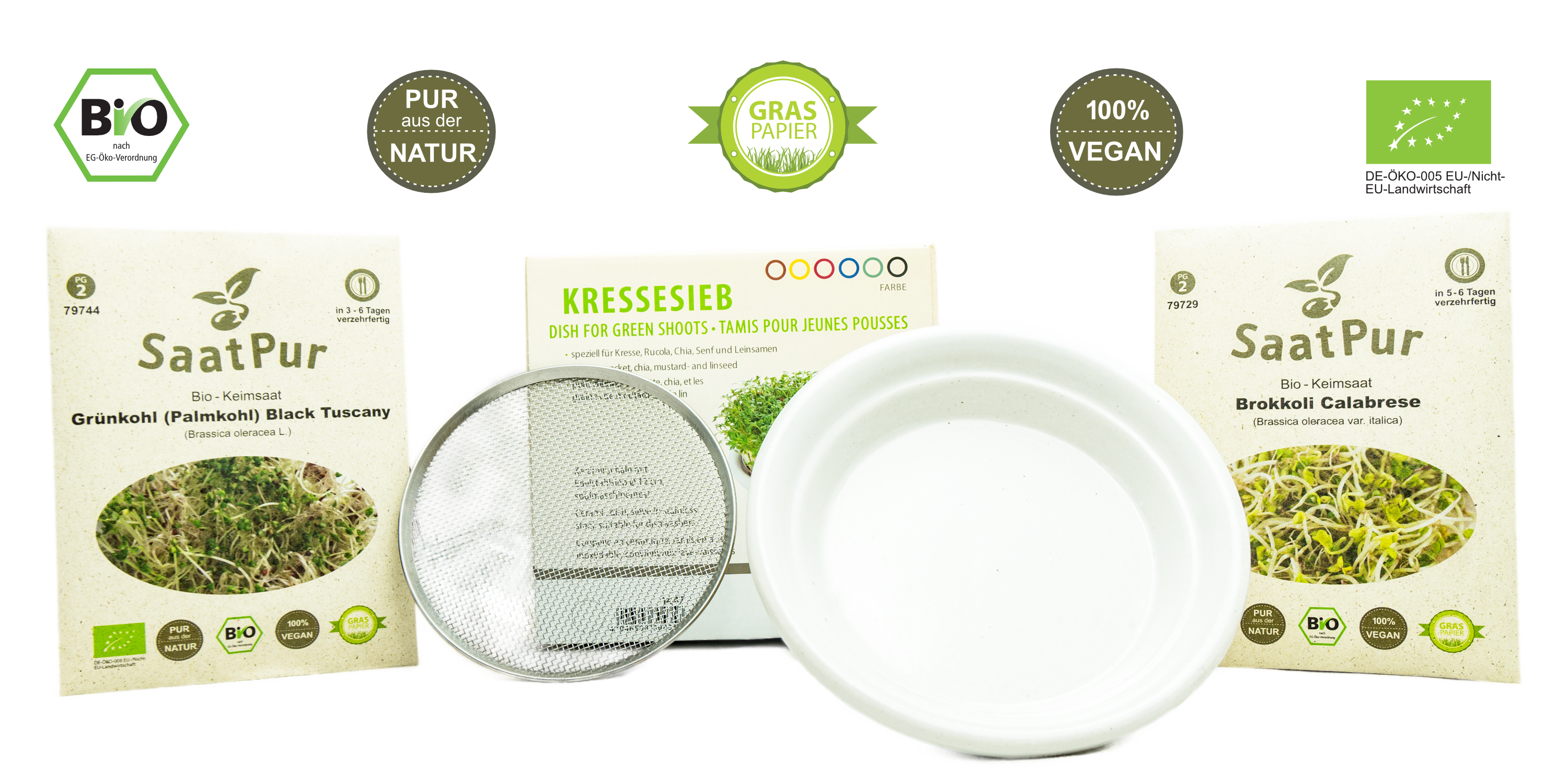 SaatPur Nr3 Ansucht-Set - Kressesieb + 2 Portionen Bio-Keimsprossen TOP Geschenk Idee