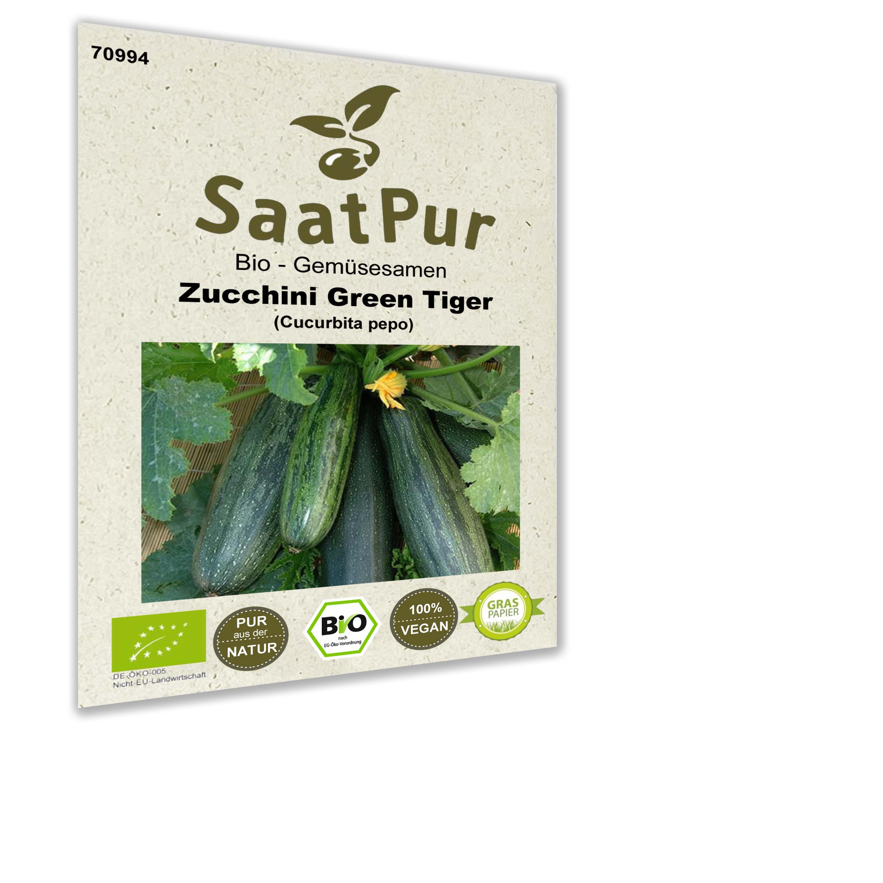 Bio Gemüsesamen Zucchini Green Tiger Freiland und Topf bitterfrei für ca. 12 Pflanzen Samen Saatgut