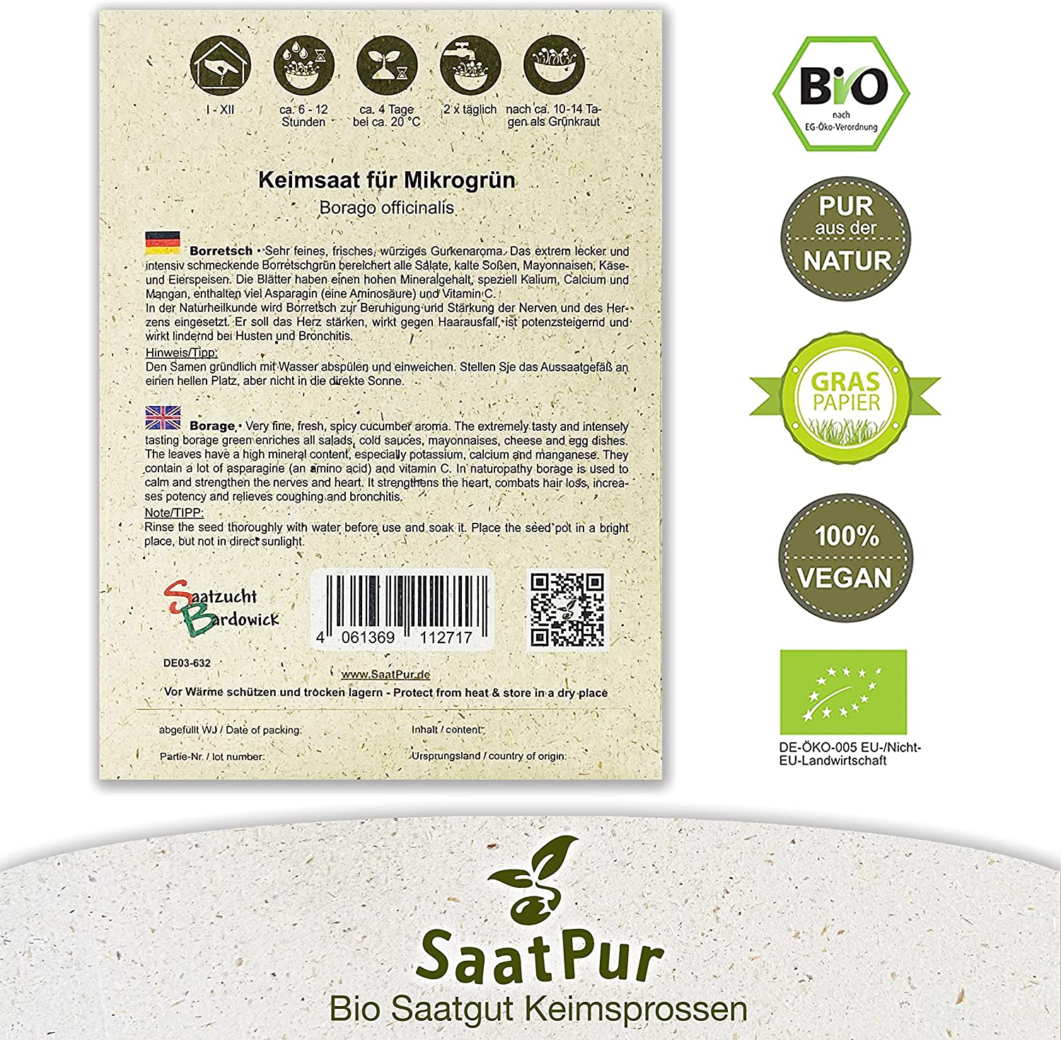 BIO Keimsaat für Sprossen Borretsch Samen Keimsprossen Microgreens Vegan Öko